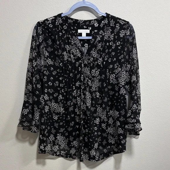 Charter Club Black White Floral Sheer Blouse Petite Small - Picture 3 of 12